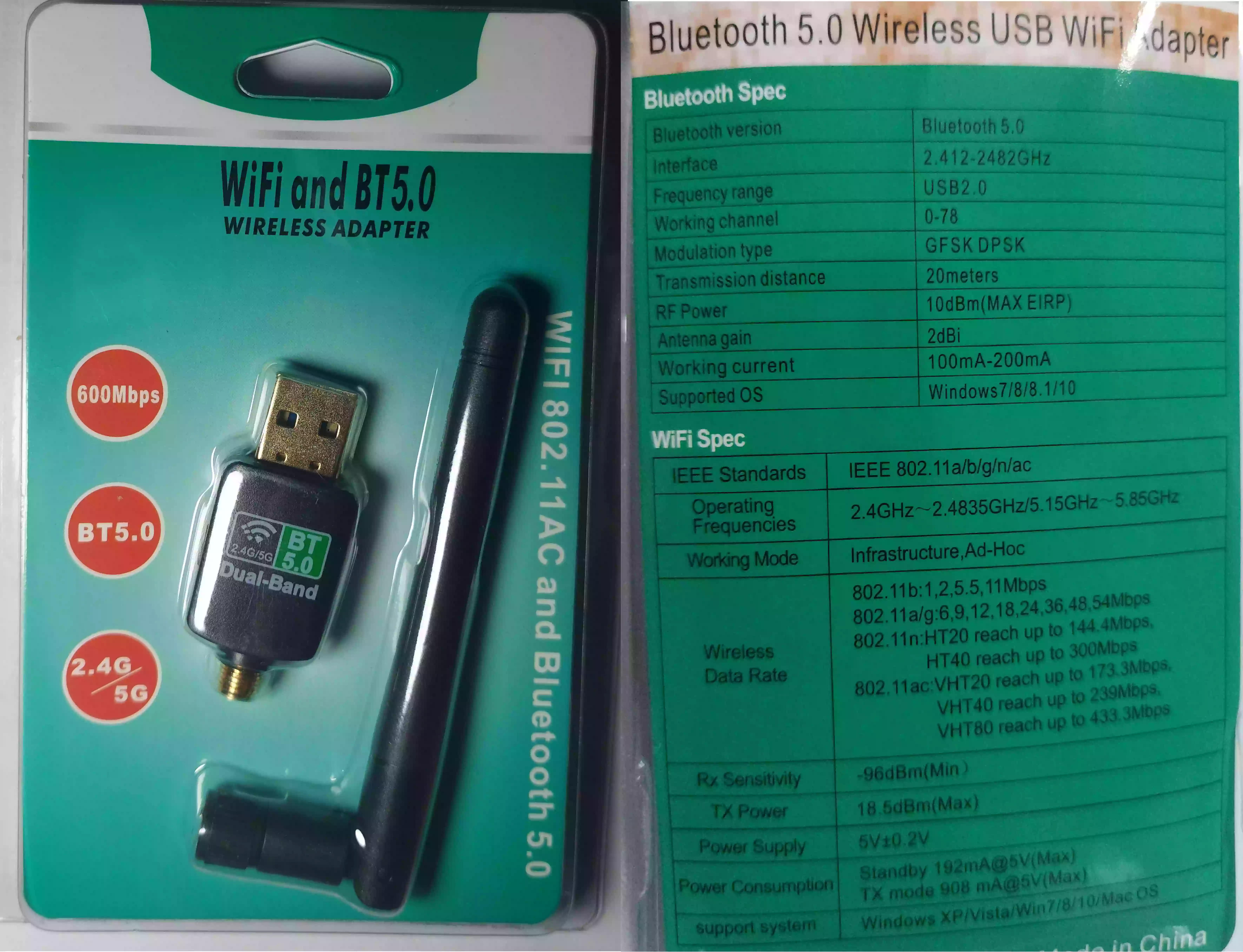 600Mbps WiFi Bluetooth v5 Wireless USB Dual Band Dongle